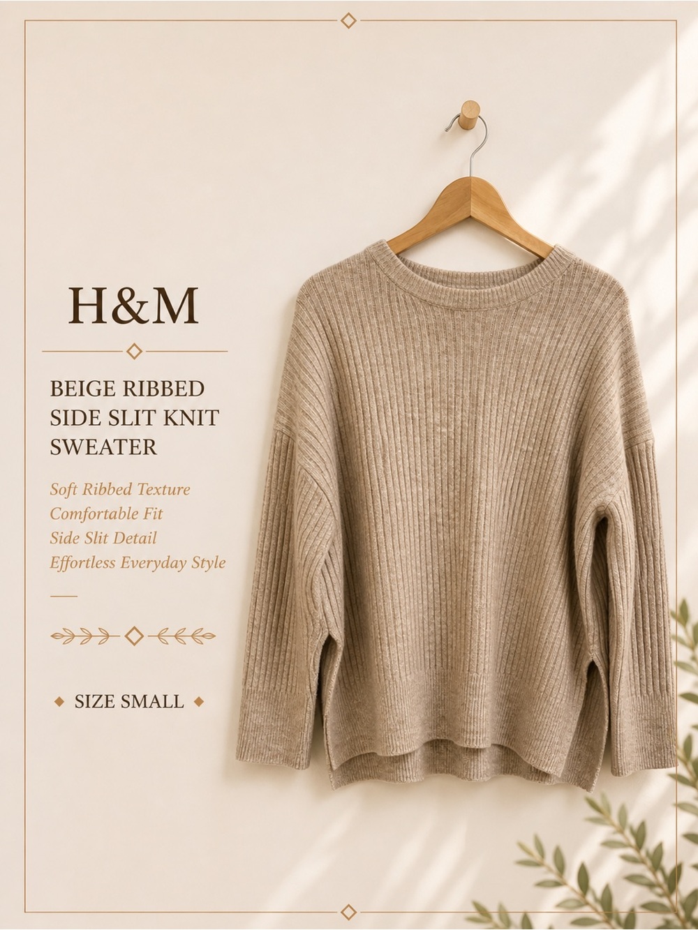 H&M Beige Ribbed Side Slit Knit Sweater Size Small
